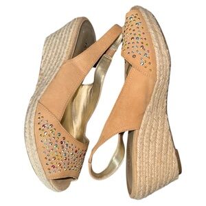 Anne Klein Polara Tan Leather Slingback Wedge Espadrilles 7M Rhinestone Sandals‎